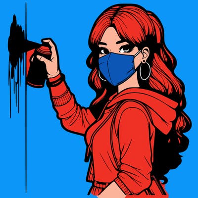 realistic girl with mask spray painting a wall