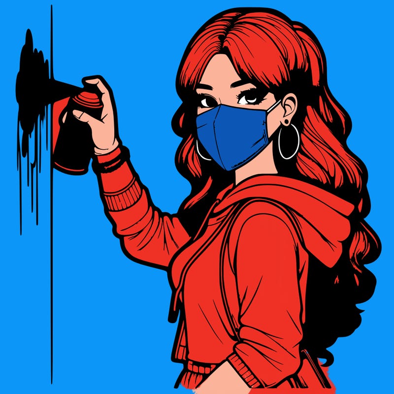 realistic girl with mask spray painting a wall