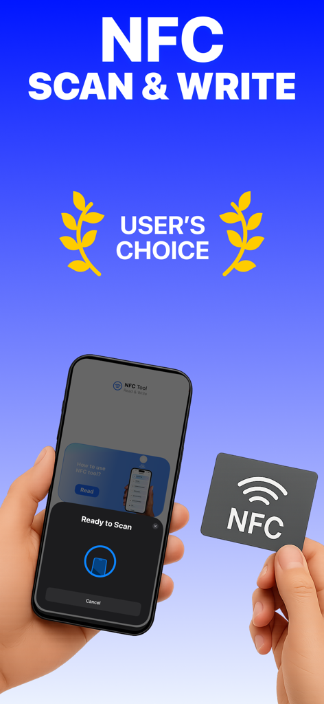 NFC Tools: Reader, Scanner Tag - Une main tenant un iPhone pour scanner une carte NFC à l'aide de l'interface de l'application NFC Tools.
