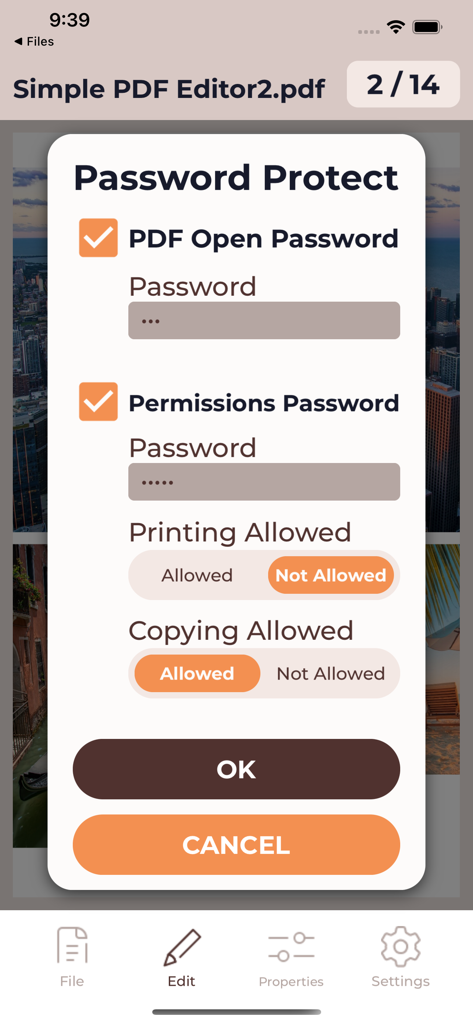 シンプルなPDFエディターでのパスワード保護とドキュメント権限の設定