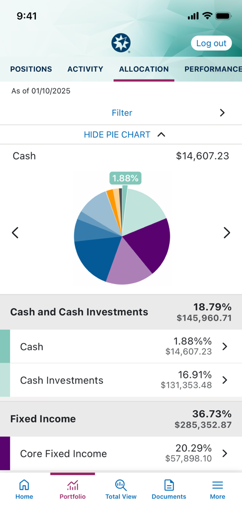 Ameriprise Financial mobile app showing a portfolio allocation pie chart and detailed asset breakdown including cash and fixed income