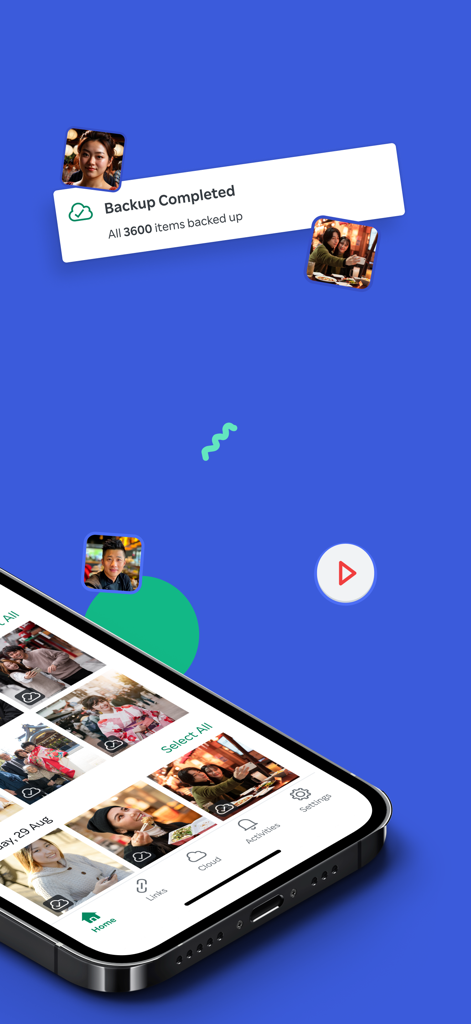 A smartphone showing a Backup Completed notification for photos in the Rakuten Drive app gallery.
