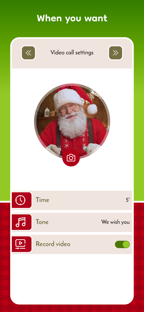 Santa Video Call – Fake Chat - Settings menu for customizing a fake video call from Santa Claus showing options for time and recording.