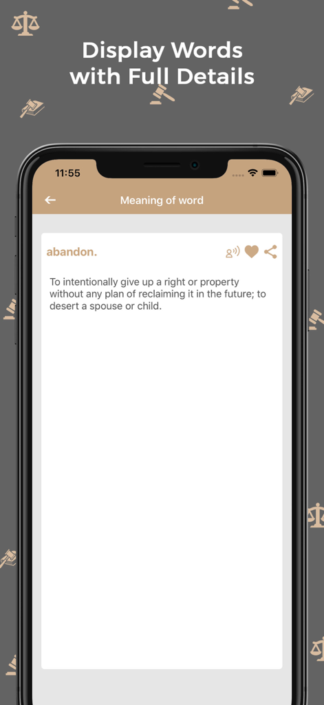 Law Dictionary : Offline - A smartphone showing the legal definition of the word abandon in the Law Dictionary Offline app interface