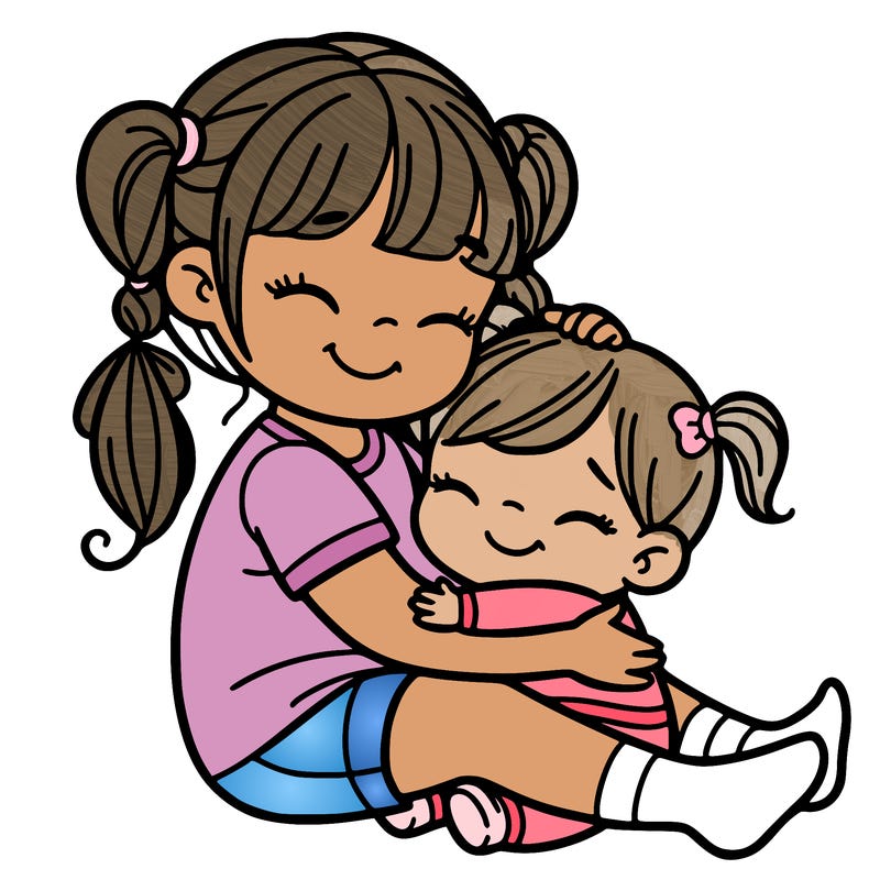 big sister and baby sister hugging