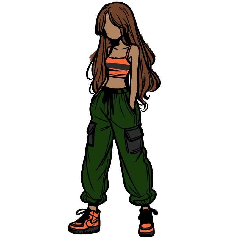 girl in baggy pants crop top and long hair