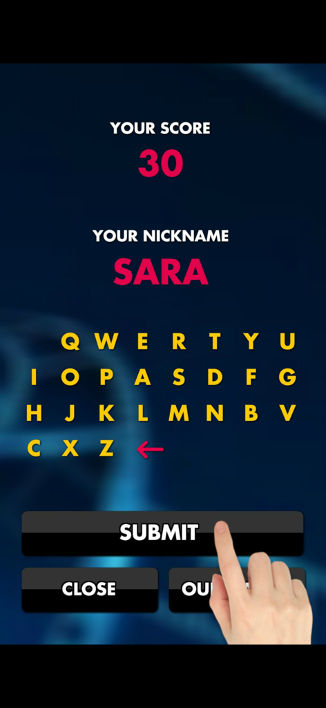 Ultimate Movie Quiz (2025) - Score screen in the movie quiz app showing a user named Sara submitting a score of thirty