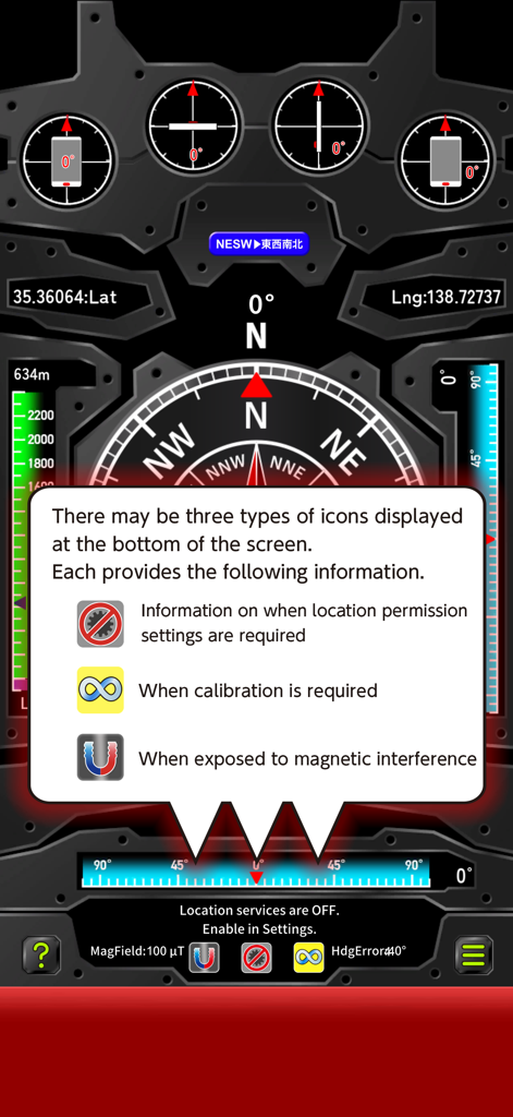 Interfaz de la aplicación Full Compass que muestra descripciones de iconos de estado como calibración e interferencia magnética.