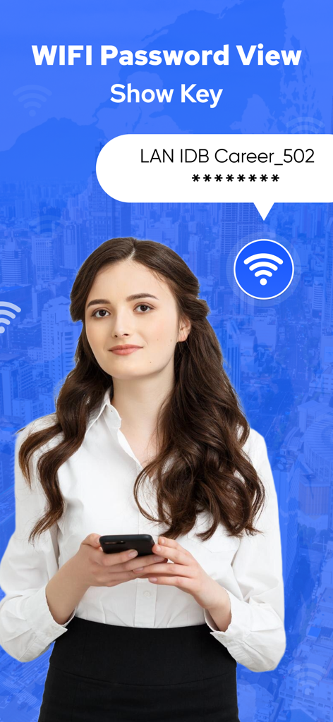A young woman holding a smartphone over a blue city background with the app title Wifi Password View Show Key