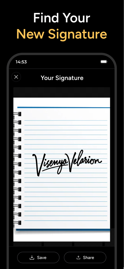 Pantalla de la aplicación móvil que muestra una firma digital personalizada en un bloc de notas digital con opciones de guardar y compartir.