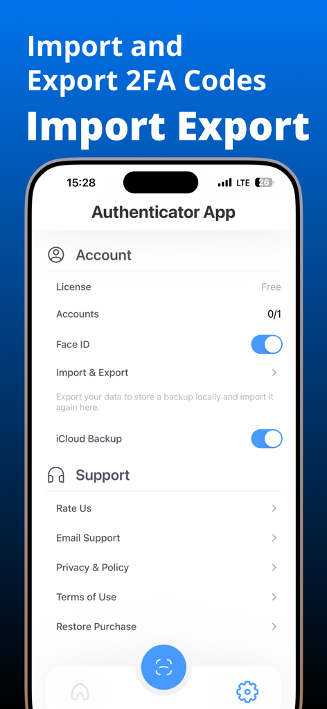 Tela de configurações do aplicativo Authenticator mostrando opções de importação e exportação de códigos Face ID e 2FA.
