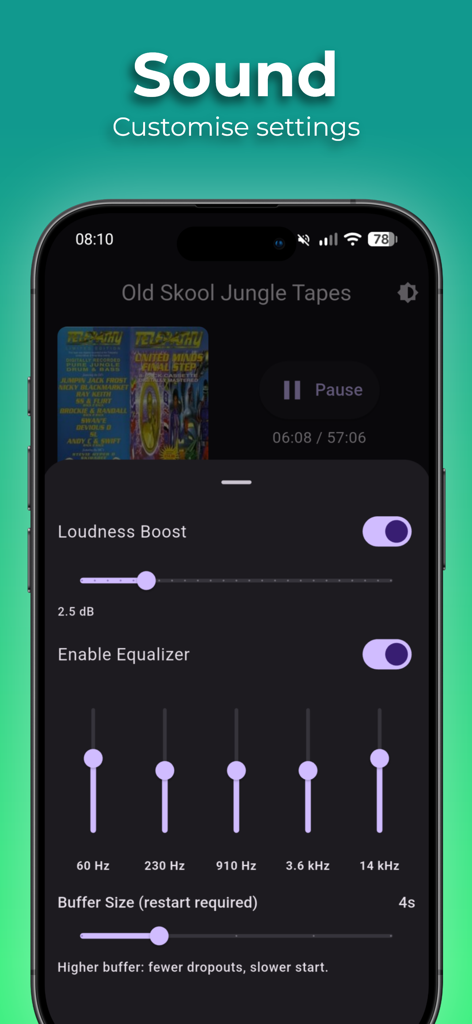 Equalizer and sound customization settings screen for Old Skool Rave Tapes music player