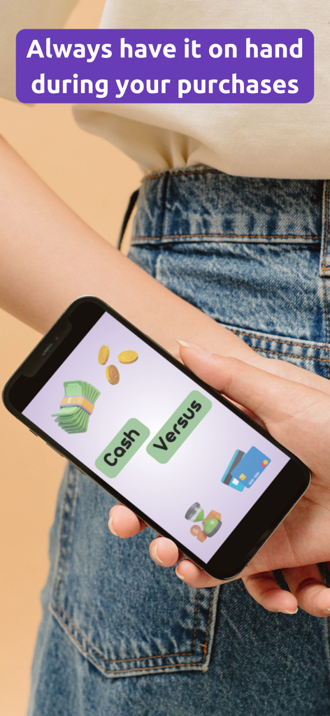 A person holding a smartphone displaying the Cash Versus app interface while shopping