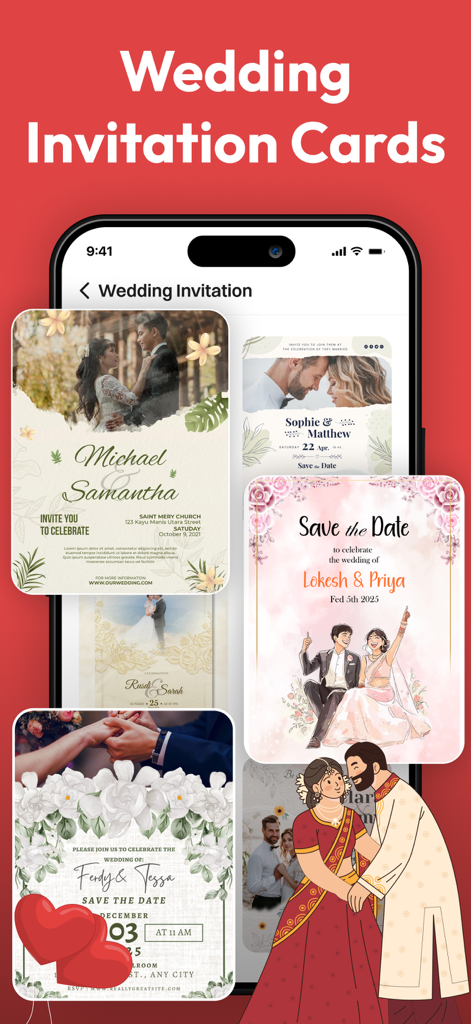 Invitation Maker- Invites RSVP - Smartphone screen showing various elegant wedding invitation card designs and templates within the app.