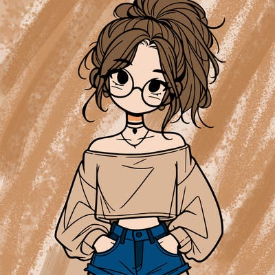 girl with a messy ponytail glasses a baggy crop top and jean shorts