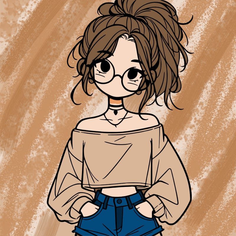 girl with a messy ponytail glasses a baggy crop top and jean shorts