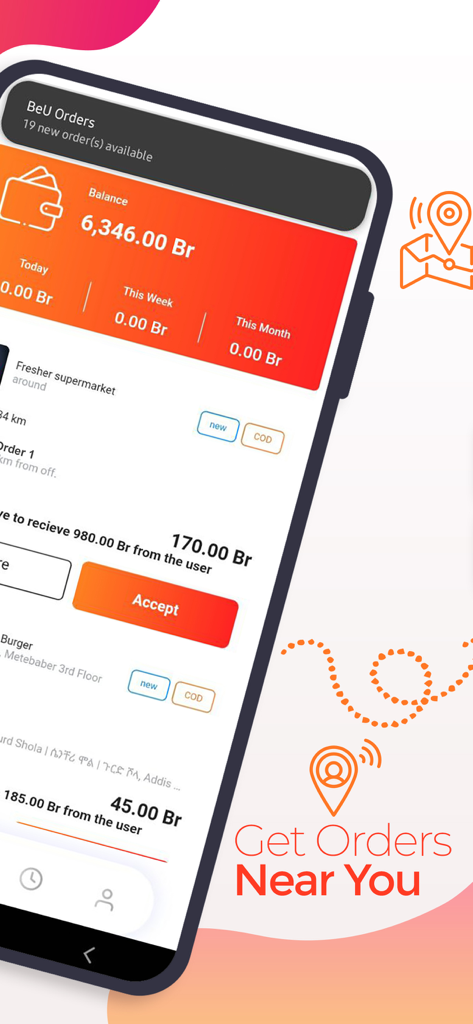 beU Rider - beU Rider app interface displaying a list of available delivery orders and a wallet balance dashboard.