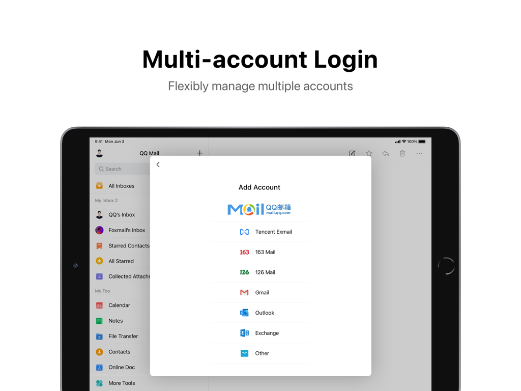 Interfaz de inicio de sesión multicuenta en QQ Mail HD para iPad que muestra varias opciones de proveedores de correo electrónico.