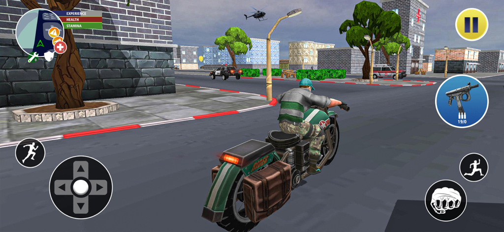 A character riding a motorcycle through a city environment in Real Gangster Vegas Mafia City