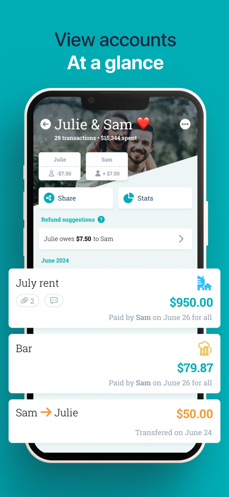 Sesterce – Split expenses - Sesterce app interface displaying a summary of shared expenses between two people including rent and bar bills