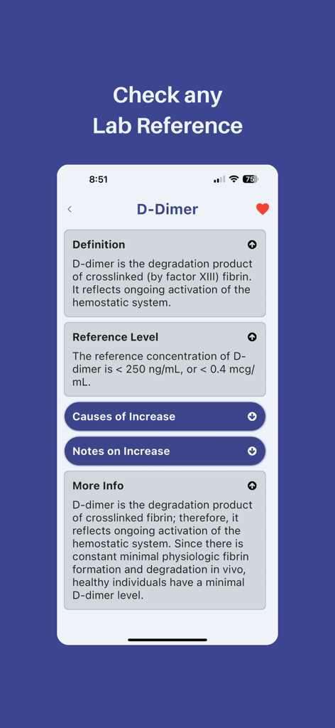 Medinfo: Medical Information - Interface of Medinfo app displaying D-Dimer lab test reference and clinical information