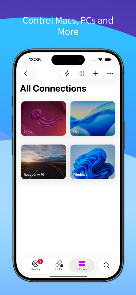 Interfaz de la aplicación móvil Screens 5 mostrando una lista de conexiones de escritorio remoto guardadas para Mac, Windows, Linux y Raspberry Pi.