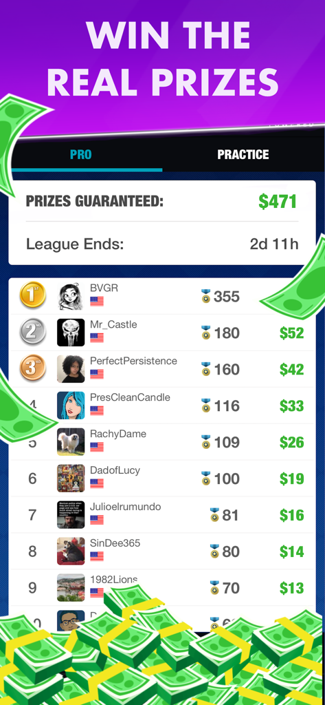 Block Cash: Win Real Money - A leaderboard screen in the Block Cash app showing top players and their respective cash prizes for a pro league competition.