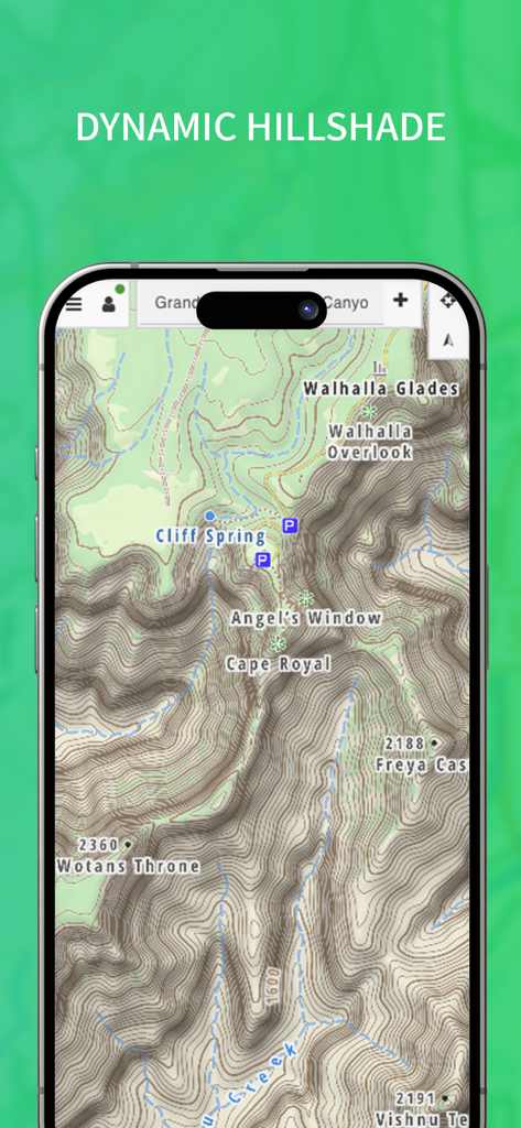 Mapeak mobile app displaying a topographic map with dynamic hillshading for outdoor navigation