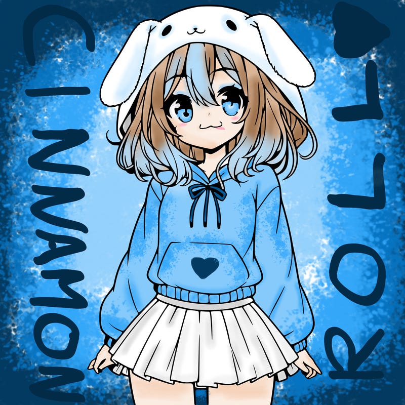 pretty anime girl wearing a fluffy hoodie with bunny ears on the hood and a skirt