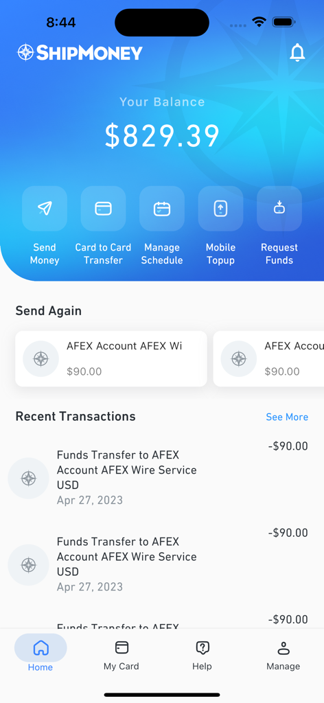 ShipMoney app dashboard displaying account balance and transaction history