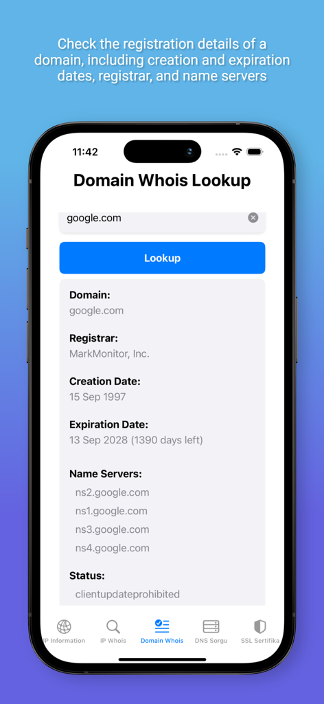 Whois Master - Whois Master app screen showing domain registration details and WHOIS lookup for google.com
