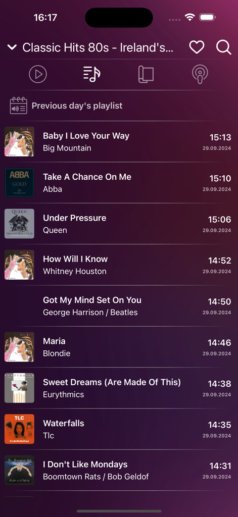 Irish Radio Live - Ireland - Irish Radio Live app interface showing a list of recently played songs on Classic Hits 80s radio