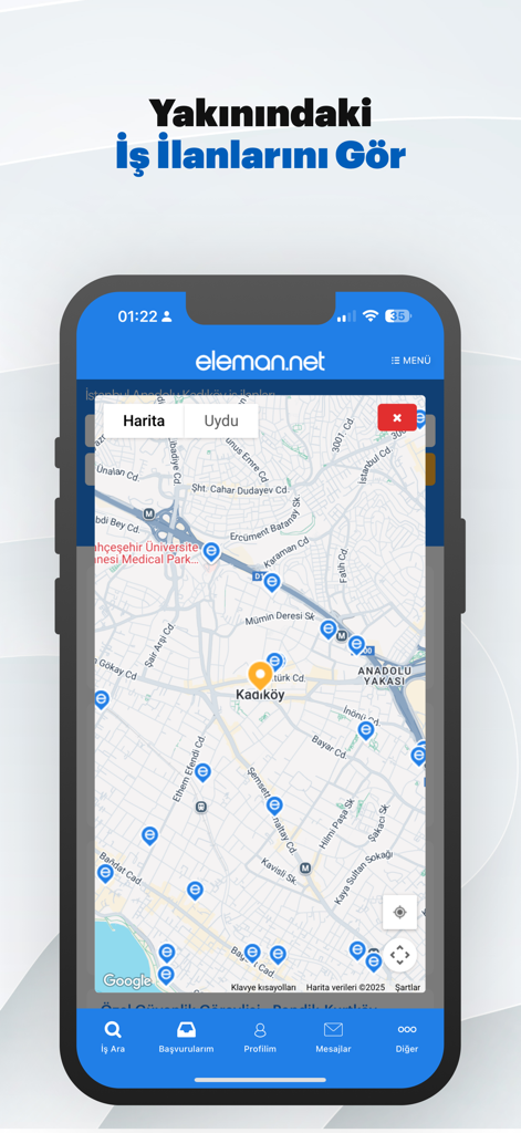 Eleman.net mobile app map interface displaying nearby job listings