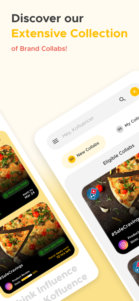 Kofluence app interface showing available brand collaborations for social media influencers