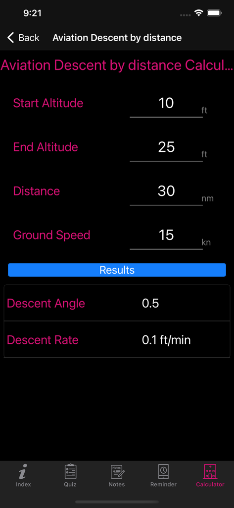 ADP- Aviation Dictionary Prem - Aviation descent by distance calculator interface showing altitude and speed inputs