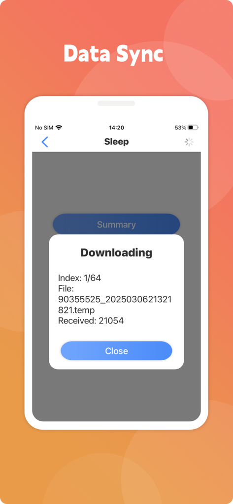 Sleep Watch - Pantalla de la aplicación Sleep Watch que muestra el proceso de sincronización de datos y descarga de archivos desde un dispositivo vestible