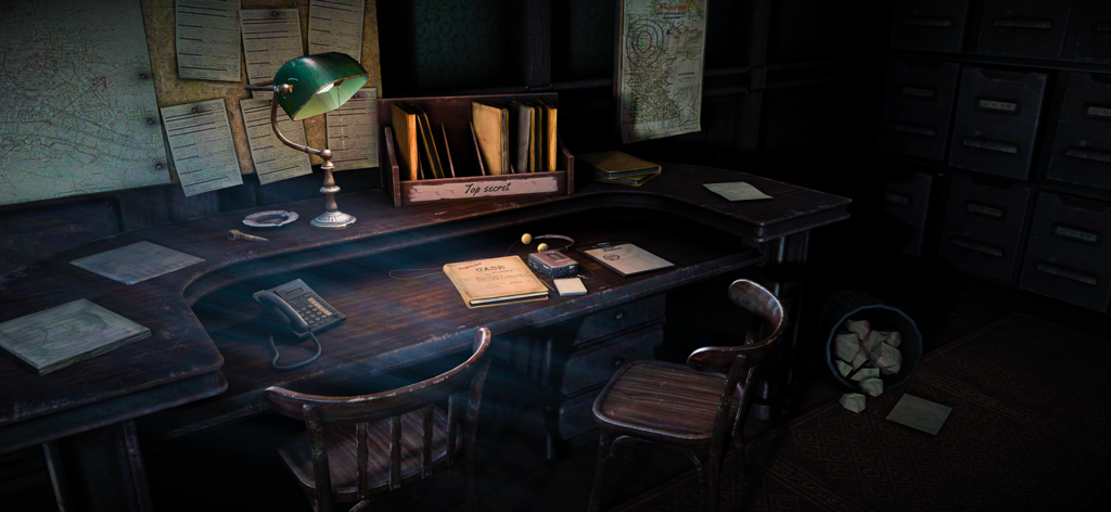 911: Prey (Horror Escape Game) - Una escena oscura de una oficina de detectives con una lámpara de escritorio, expedientes y un teléfono en el juego de terror de escape 911 Prey.