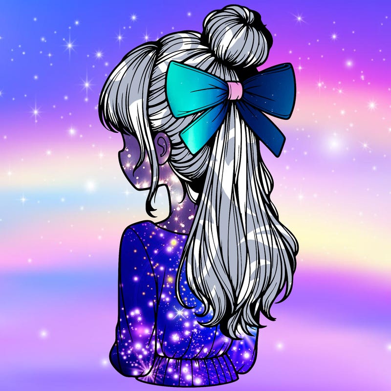 realistic girl  with hip length hair a bun and a big bow on the back of head