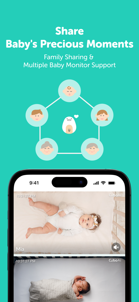 CuboAi Smart Baby Monitor - Interfaz de la aplicación CuboAi mostrando funciones de compartir en familia y múltiples vistas de cámaras de monitor de bebé