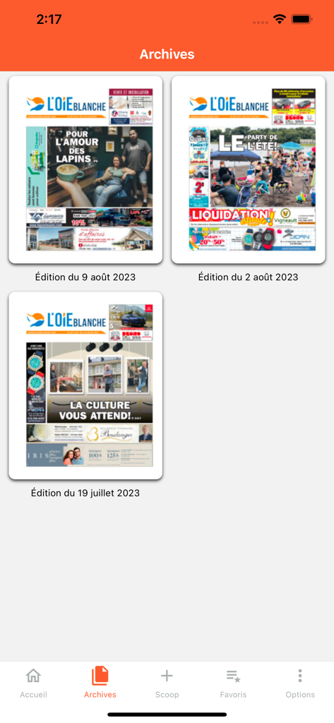L’Oie Blanche - Écran des archives de l'application d'actualités Loie Blanche montrant les éditions numériques passées