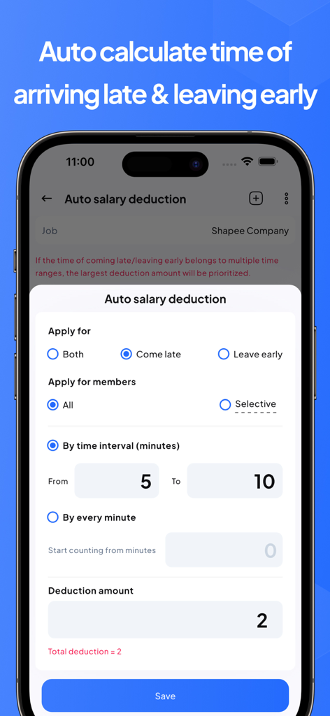 Timesheet & Payroll: EzWork - 지각 및 조기 퇴근에 대한 자동 급여 공제 규칙을 보여주는 EzWork 앱 인터페이스