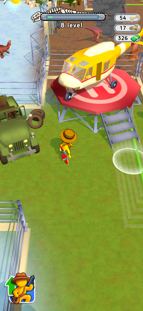 Dino Fighter: Jurassic Escape - A character standing near a yellow rescue helicopter on a helipad in Dino Fighter Jurassic Escape