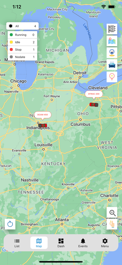 SF Tracker - Kartenansicht der SF Tracker App, die Echtzeit-Fahrzeugstandorte und Status für das Flottenmanagement anzeigt