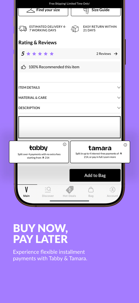VogaCloset app checkout screen featuring buy now pay later options with Tabby and Tamara