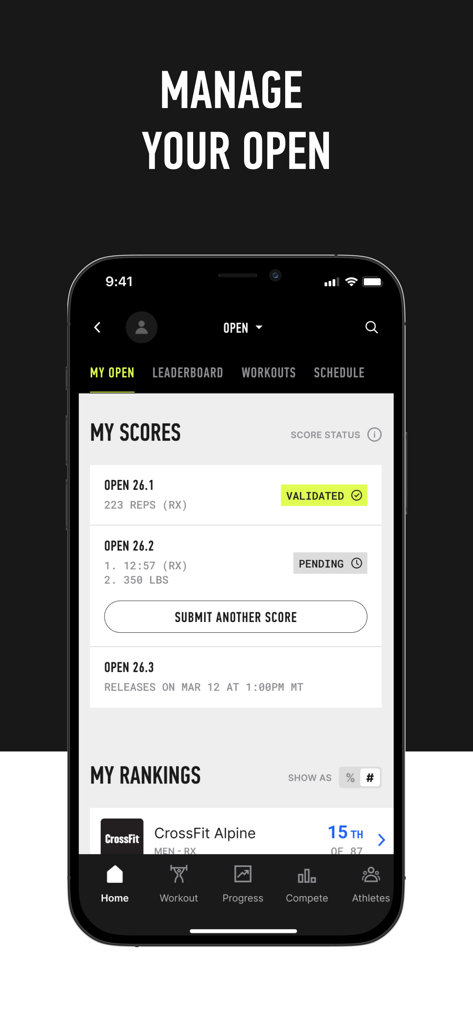 CrossFit - Uno screenshot mobile dell'app CrossFit che mostra i punteggi degli atleti e le classifiche per la competizione Open.