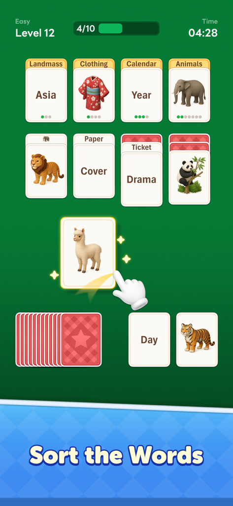 Word Solitaire Now! - Jugabilidad de Word Solitaire Now mostrando cartas de palabras e imágenes siendo clasificadas en categorías como Animales y Ropa