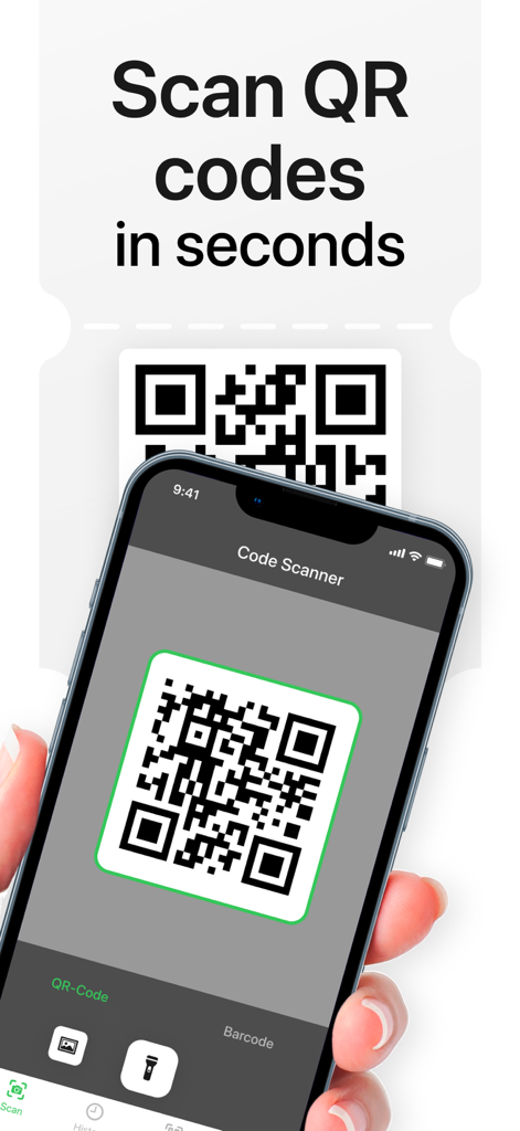 An iPhone screen scanning a QR code using the QR Code Barcode Scanner app interface