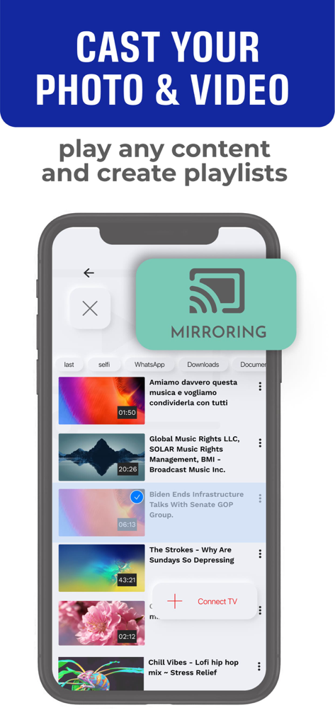 AirDroid Cast - ScreenShare - App interface showing video selection for screen mirroring and casting to a TV