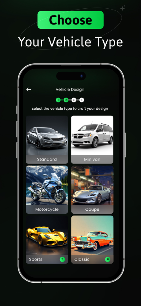 AI Car Designer: Car Modify AI - Interfaz para elegir tipos de vehículos, incluyendo categorías de coches deportivos clásicos y motocicletas para la modificación de coches con IA