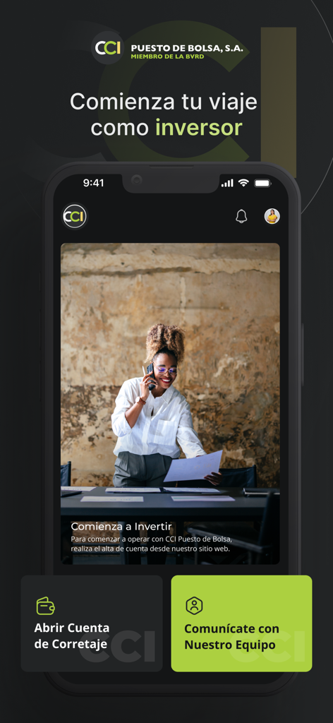 CCI Mobile - Interfaz de la aplicación CCI Mobile que muestra una pantalla de bienvenida con opciones para abrir una cuenta de corretaje o contactar al equipo.